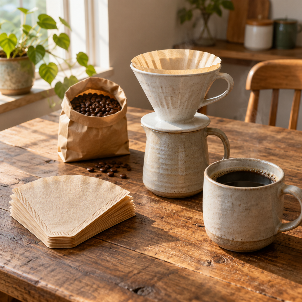 Fan-shaped paper coffee filters beside a pour-over dripper and a mug of coffee