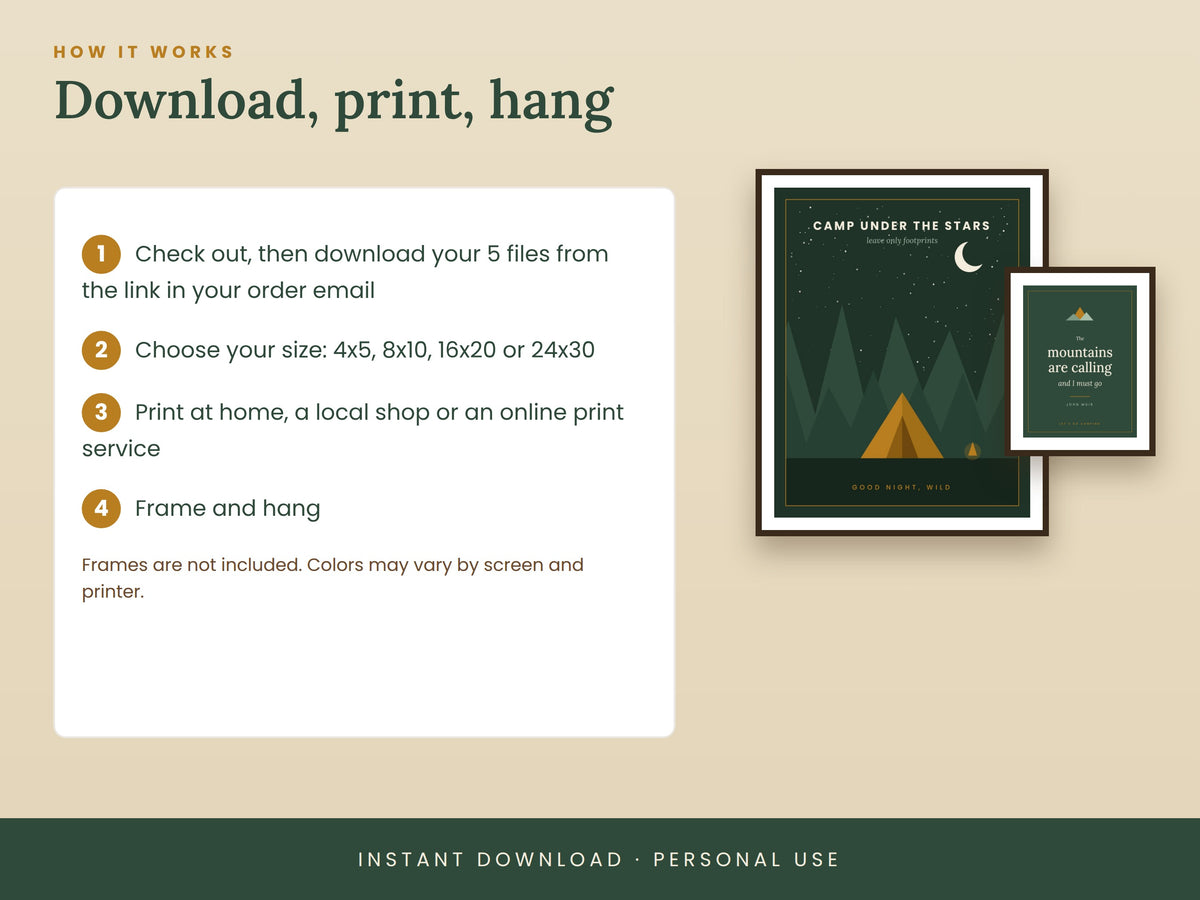 Mountain Wall Art Set of 5 | Printable Camping & Cabin Prints