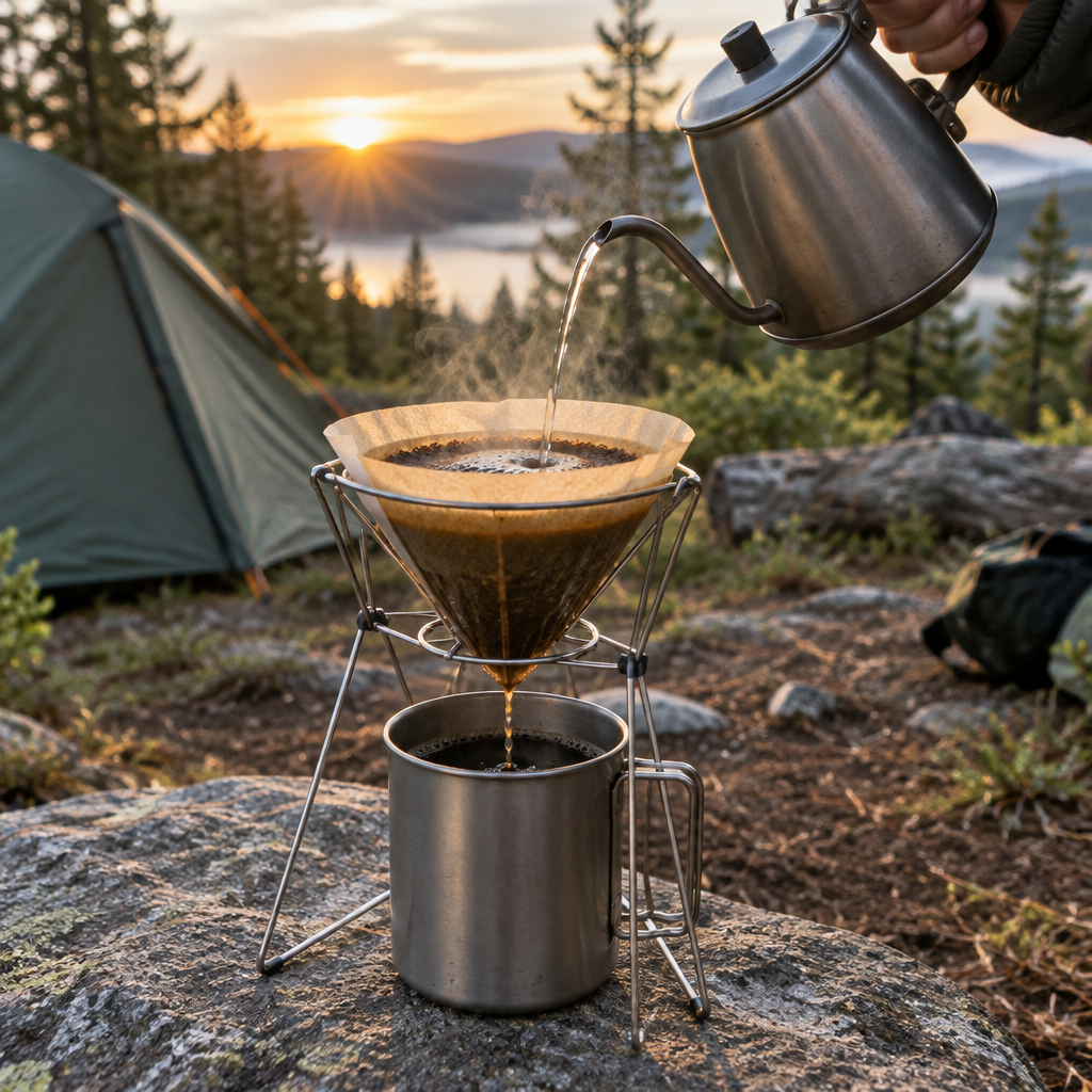 Coffee dripper stand holding a paper filter over a camp mug at a campsite