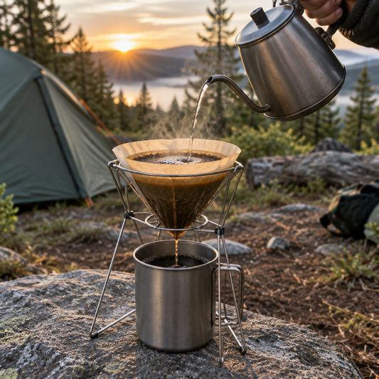Coffee dripper stand holding a paper filter over a camp mug at a campsite