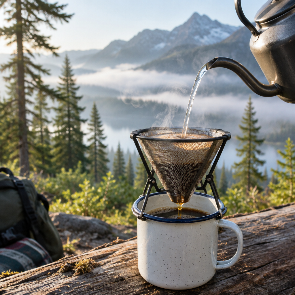 Folding steel coffee filter on a camp mug with hot water being poured outdoors