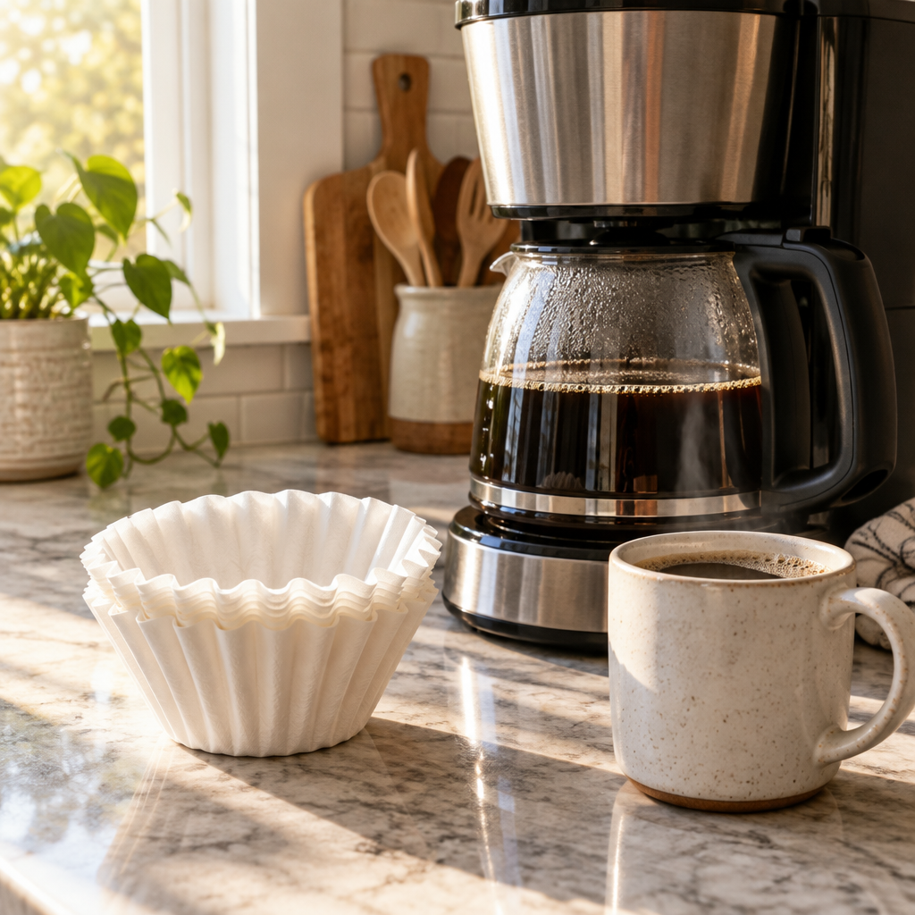 Paper coffee filters beside a drip coffee maker and a mug of coffee