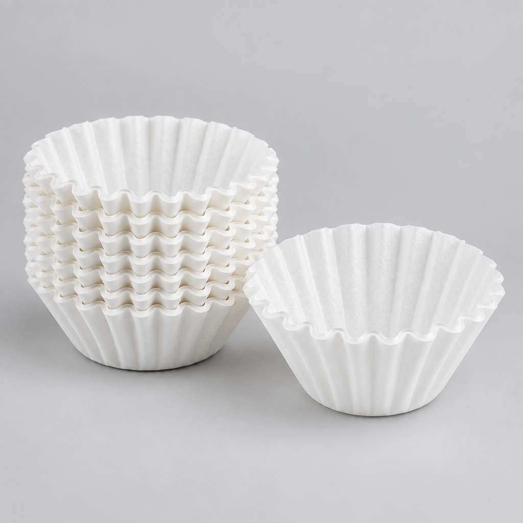 Stack of white disposable paper coffee filters