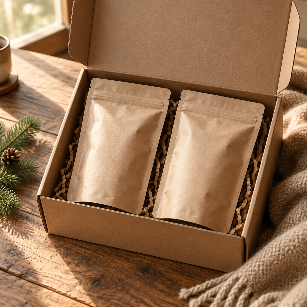 Open kraft subscription box with two bags of coffee on a rustic table