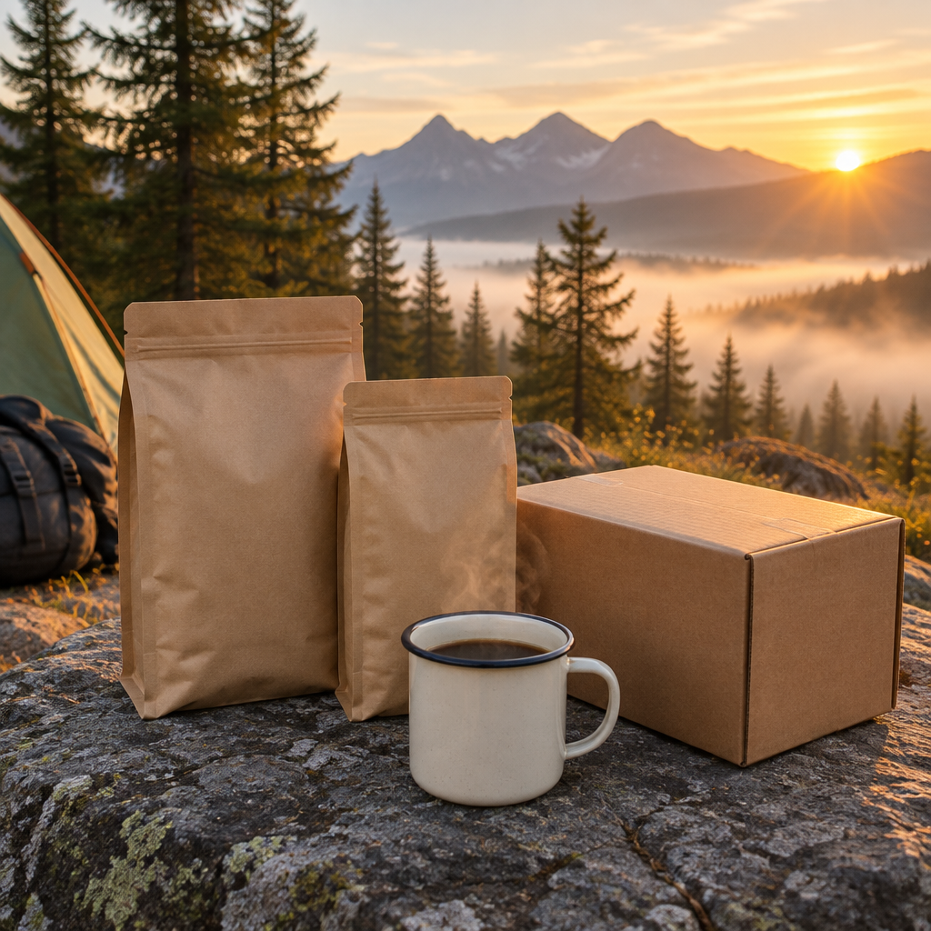 Two coffee bags and a camp mug on a rock at a mountain campsite at sunrise
