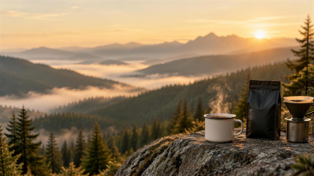 Steaming camp mug of coffee and a coffee bag on a granite rock overlooking misty pine mountains at sunrise