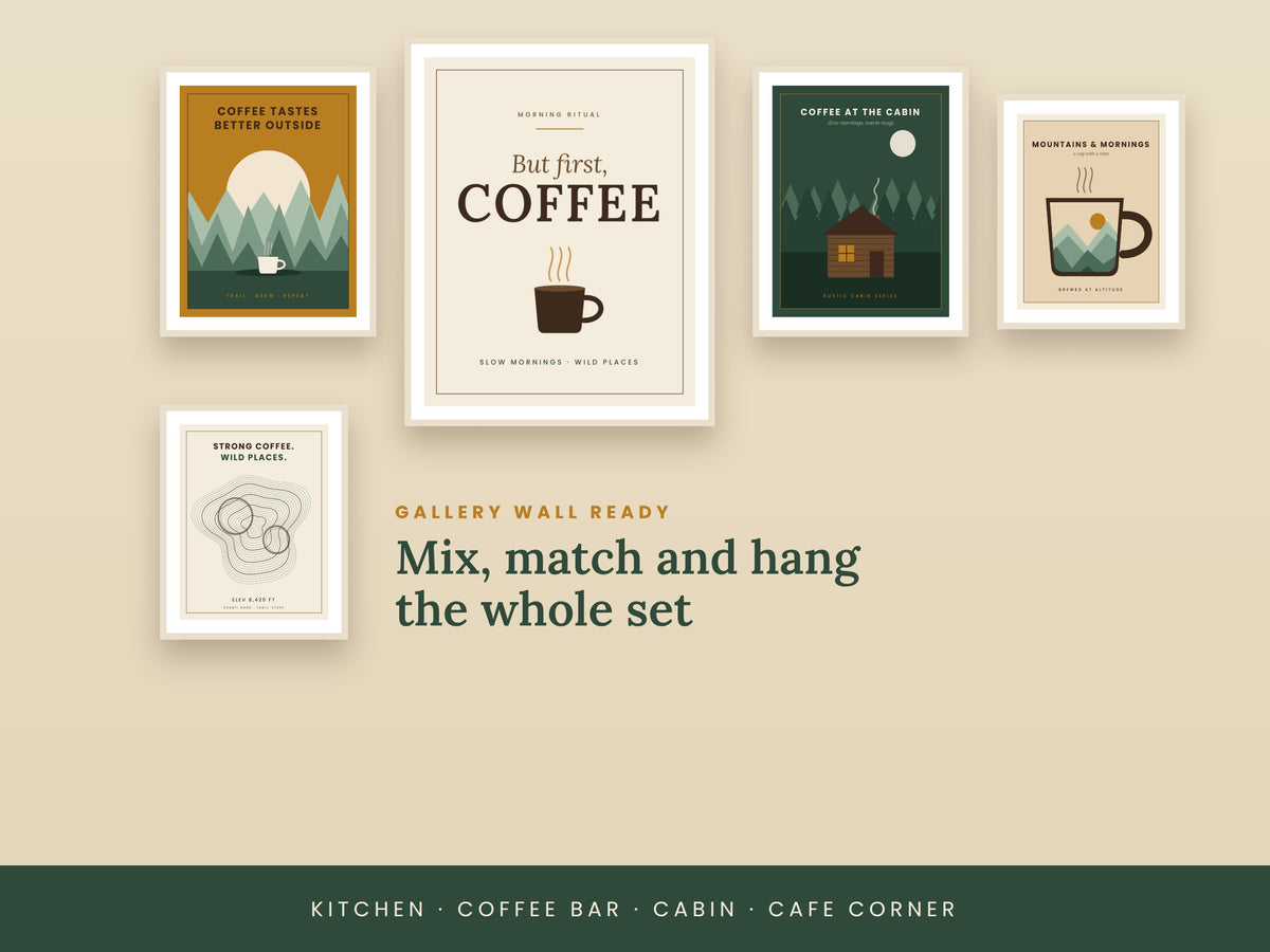Coffee Wall Art Set of 5 | Printable Mountain & Cabin Coffee Prints