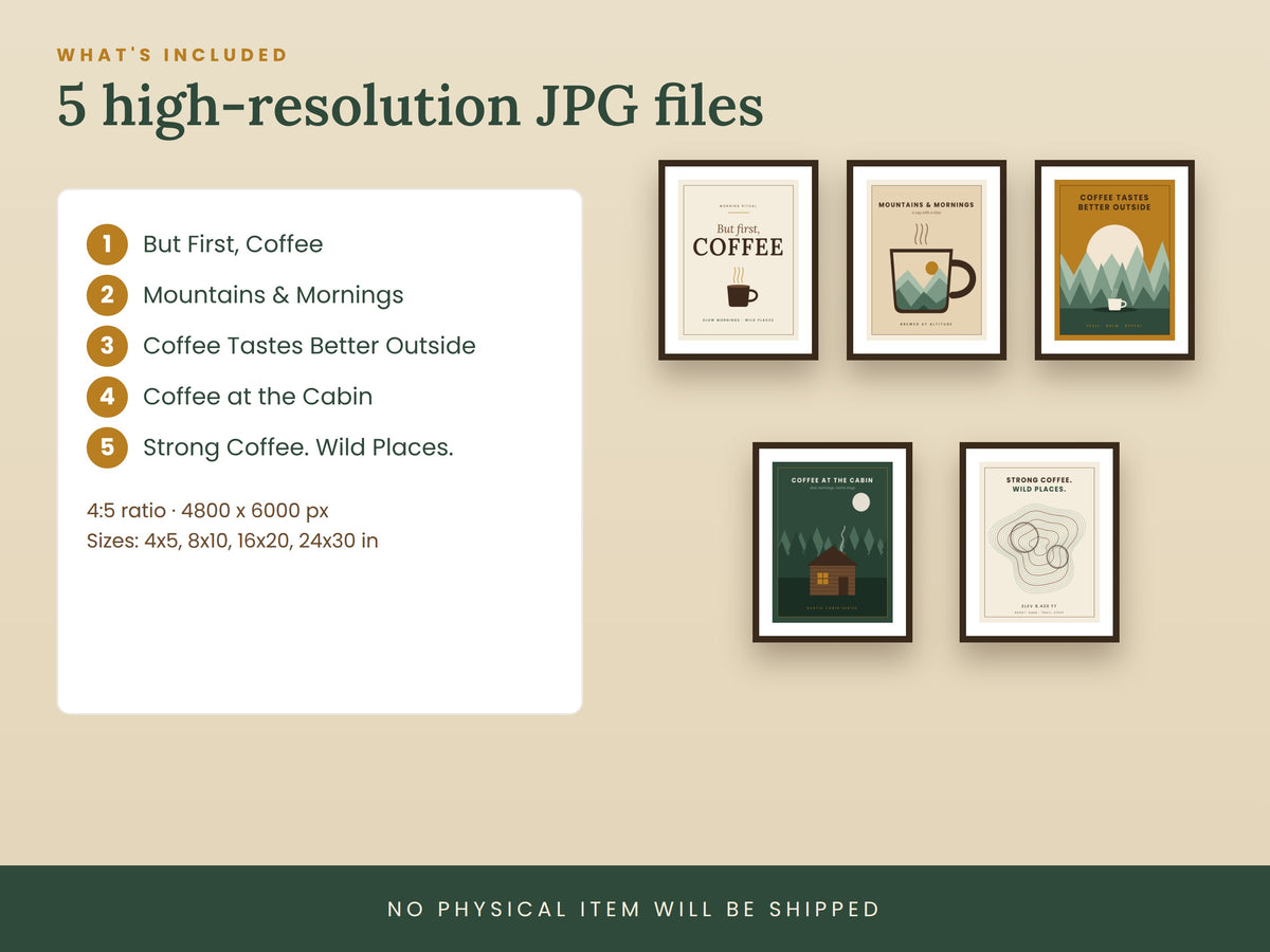 Coffee Wall Art Set of 5 | Printable Mountain & Cabin Coffee Prints