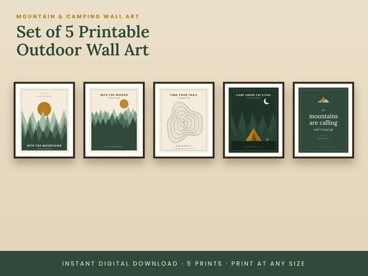 Mountain Wall Art Set of 5 | Printable Camping & Cabin Prints